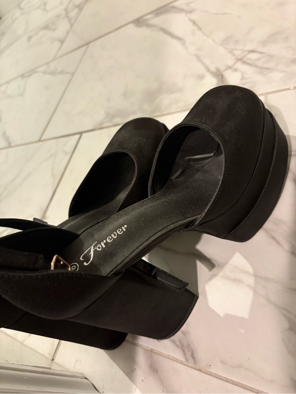 Forever Black Platform Block Heels with Ankle Strap